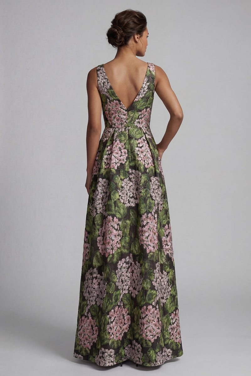 Load image into Gallery viewer, Dark Green V-Neck Floral A Line Long Formal Dress with Pockets