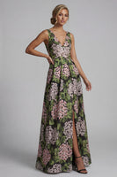 Load image into Gallery viewer, Dark Green V-Neck Floral A Line Long Formal Dress with Pockets