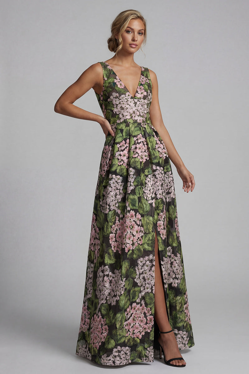 Load image into Gallery viewer, Dark Green V-Neck Floral A Line Long Formal Dress with Pockets