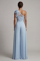 Load image into Gallery viewer, Sky Blue Floral One Shoulder Long Formal Pantsuits with Bow