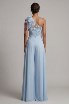 Sky Blue Floral One Shoulder Long Formal Pantsuits with Bow