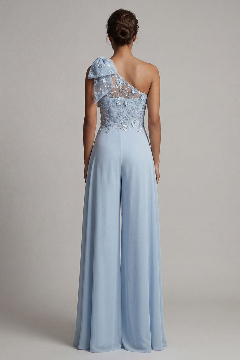 Load image into Gallery viewer, Sky Blue Floral One Shoulder Long Formal Pantsuits with Bow