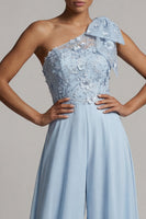 Load image into Gallery viewer, Sky Blue Floral One Shoulder Long Formal Pantsuits with Bow