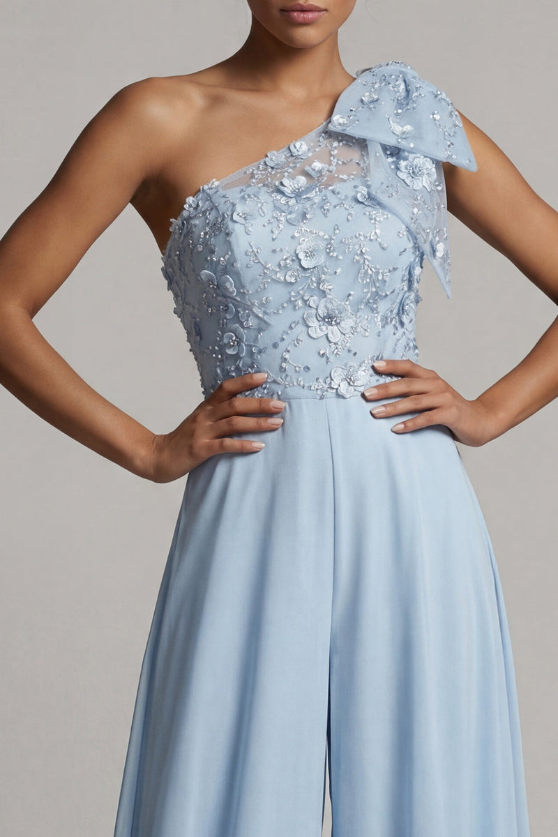 Load image into Gallery viewer, Sky Blue Floral One Shoulder Long Formal Pantsuits with Bow