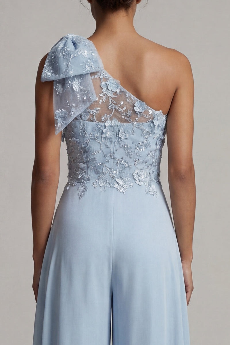 Load image into Gallery viewer, Sky Blue Floral One Shoulder Long Formal Pantsuits with Bow