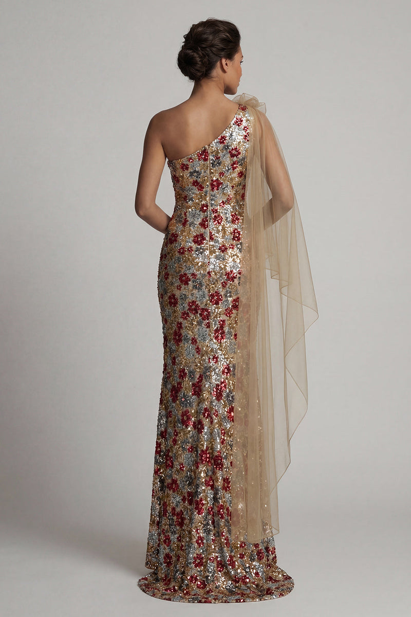 Load image into Gallery viewer, Sparkly Red Ruffled Floral Sequin Mermaid Long Formal Dress with Side Cape