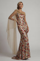Load image into Gallery viewer, Sparkly Red Ruffled Floral Sequin Mermaid Long Formal Dress with Side Cape