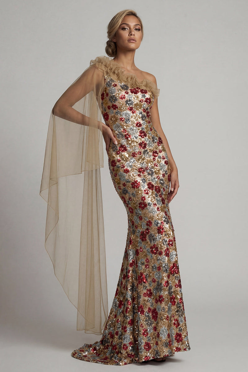 Load image into Gallery viewer, Sparkly Red Ruffled Floral Sequin Mermaid Long Formal Dress with Side Cape