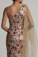 Load image into Gallery viewer, Sparkly Red Ruffled Floral Sequin Mermaid Long Formal Dress with Side Cape
