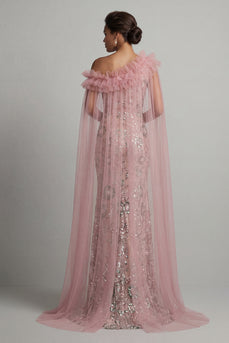 Sparkly Pink Mermaid Ruffled Beaded Long Formal Dress with Cape