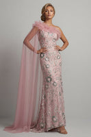 Load image into Gallery viewer, Sparkly Pink Mermaid Ruffled Beaded Long Formal Dress with Cape