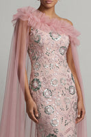Load image into Gallery viewer, Sparkly Pink Mermaid Ruffled Beaded Long Formal Dress with Cape