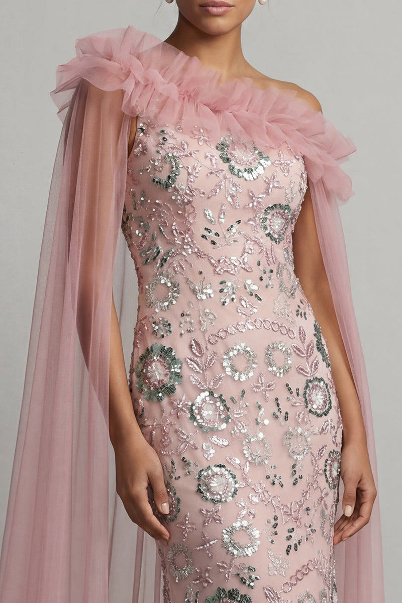 Load image into Gallery viewer, Sparkly Pink Mermaid Ruffled Beaded Long Formal Dress with Cape