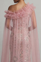 Load image into Gallery viewer, Sparkly Pink Mermaid Ruffled Beaded Long Formal Dress with Cape