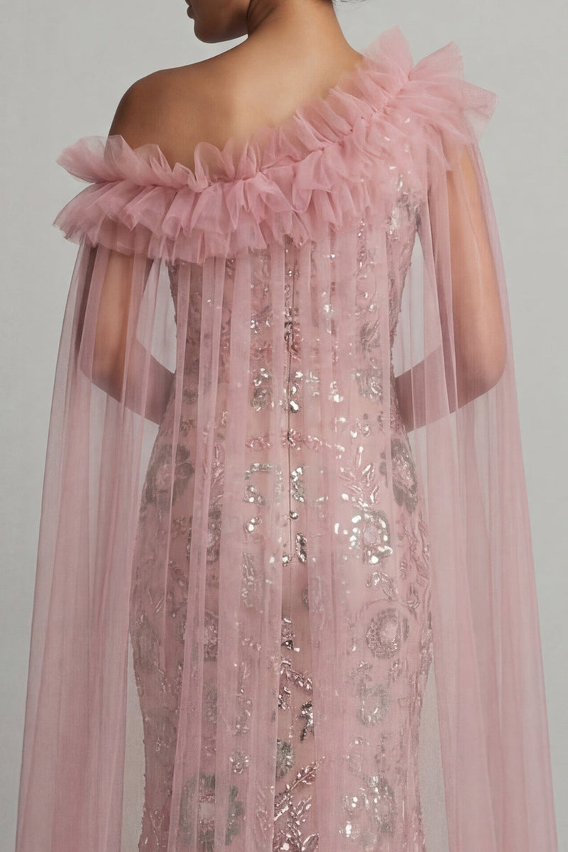 Load image into Gallery viewer, Sparkly Pink Mermaid Ruffled Beaded Long Formal Dress with Cape