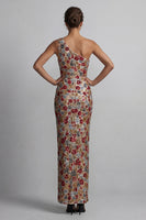 Load image into Gallery viewer, Sparkly Red Sequin One Shoulder Floral Mermaid Long Formal Dress