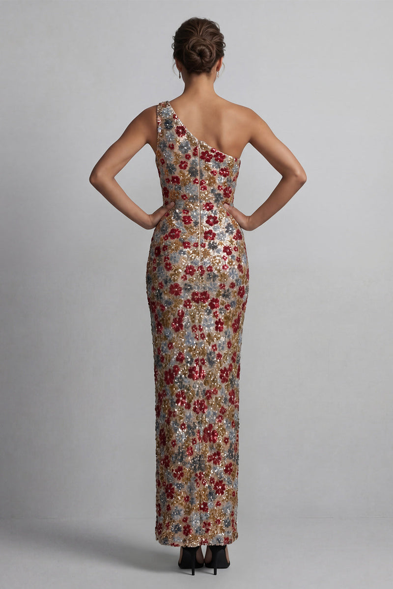 Load image into Gallery viewer, Sparkly Red Sequin One Shoulder Floral Mermaid Long Formal Dress