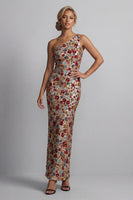 Load image into Gallery viewer, Sparkly Red Sequin One Shoulder Floral Mermaid Long Formal Dress