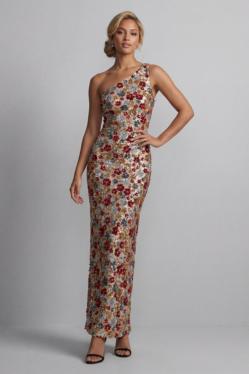 Load image into Gallery viewer, Sparkly Red Sequin One Shoulder Floral Mermaid Long Formal Dress