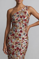 Load image into Gallery viewer, Sparkly Red Sequin One Shoulder Floral Mermaid Long Formal Dress