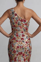 Load image into Gallery viewer, Sparkly Red Sequin One Shoulder Floral Mermaid Long Formal Dress