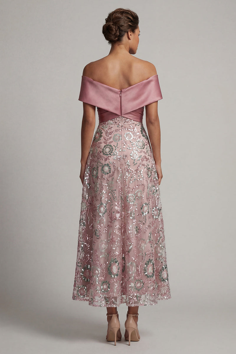 Load image into Gallery viewer, Sparkly Pink A Line Off the Shoulder Beaded Long Formal Dress