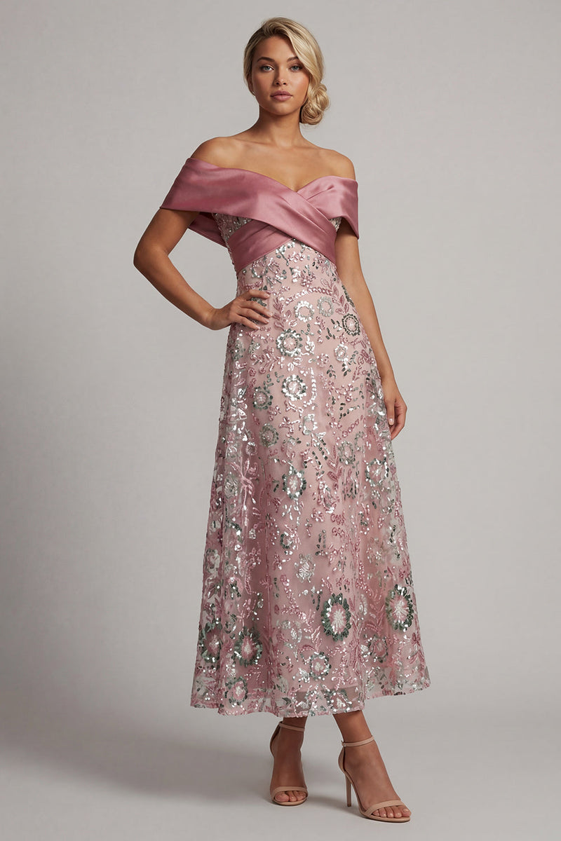 Load image into Gallery viewer, Sparkly Pink A Line Off the Shoulder Beaded Long Formal Dress