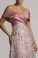 Load image into Gallery viewer, Sparkly Pink A Line Off the Shoulder Beaded Long Formal Dress