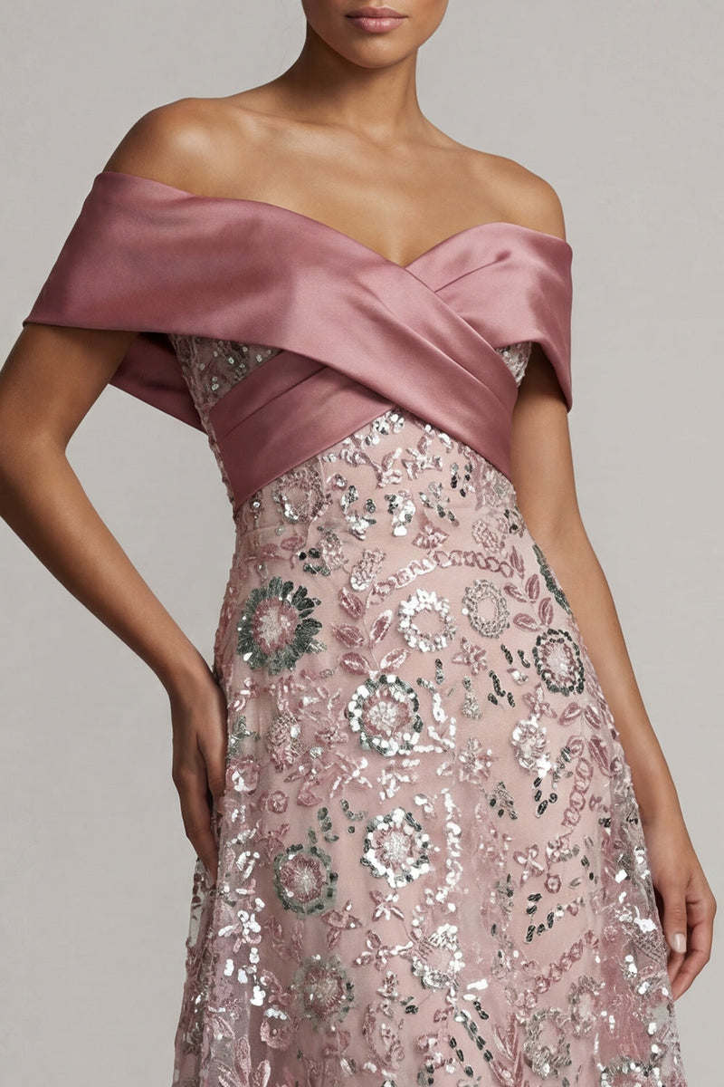 Load image into Gallery viewer, Sparkly Pink A Line Off the Shoulder Beaded Long Formal Dress