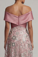 Load image into Gallery viewer, Sparkly Pink A Line Off the Shoulder Beaded Long Formal Dress