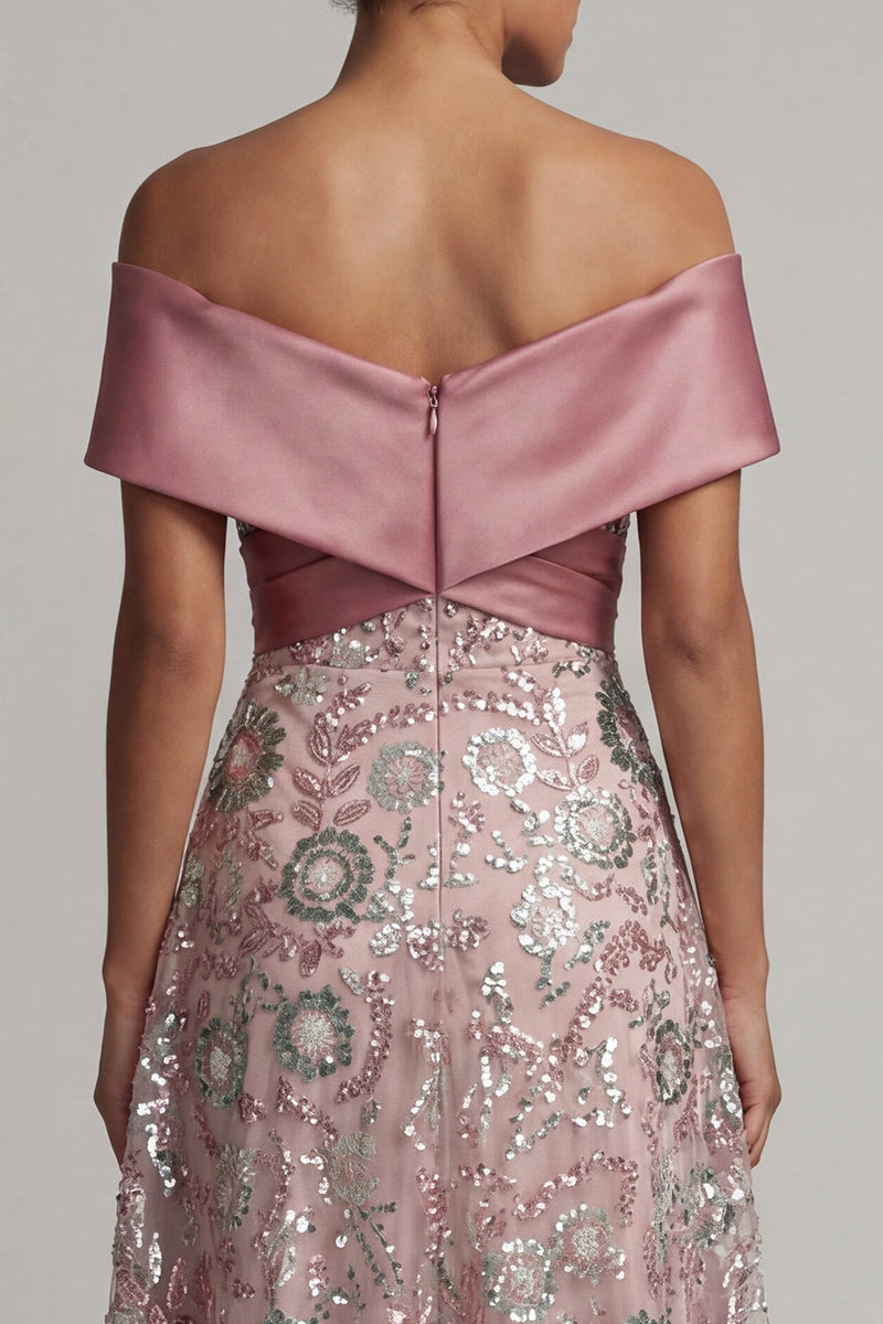 Load image into Gallery viewer, Sparkly Pink A Line Off the Shoulder Beaded Long Formal Dress