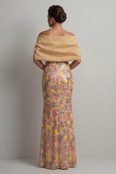 Sparkly Yellow Floral Mermaid Long Formal Dress with Slit