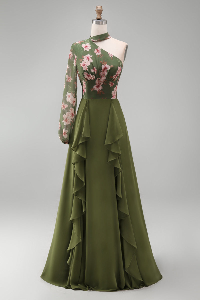 Load image into Gallery viewer, Eucalyptus Floral A Line Long Sleeves Formal Dress with Ruffles