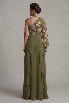 Eucalyptus Floral A Line Long Sleeves Formal Dress with Ruffles