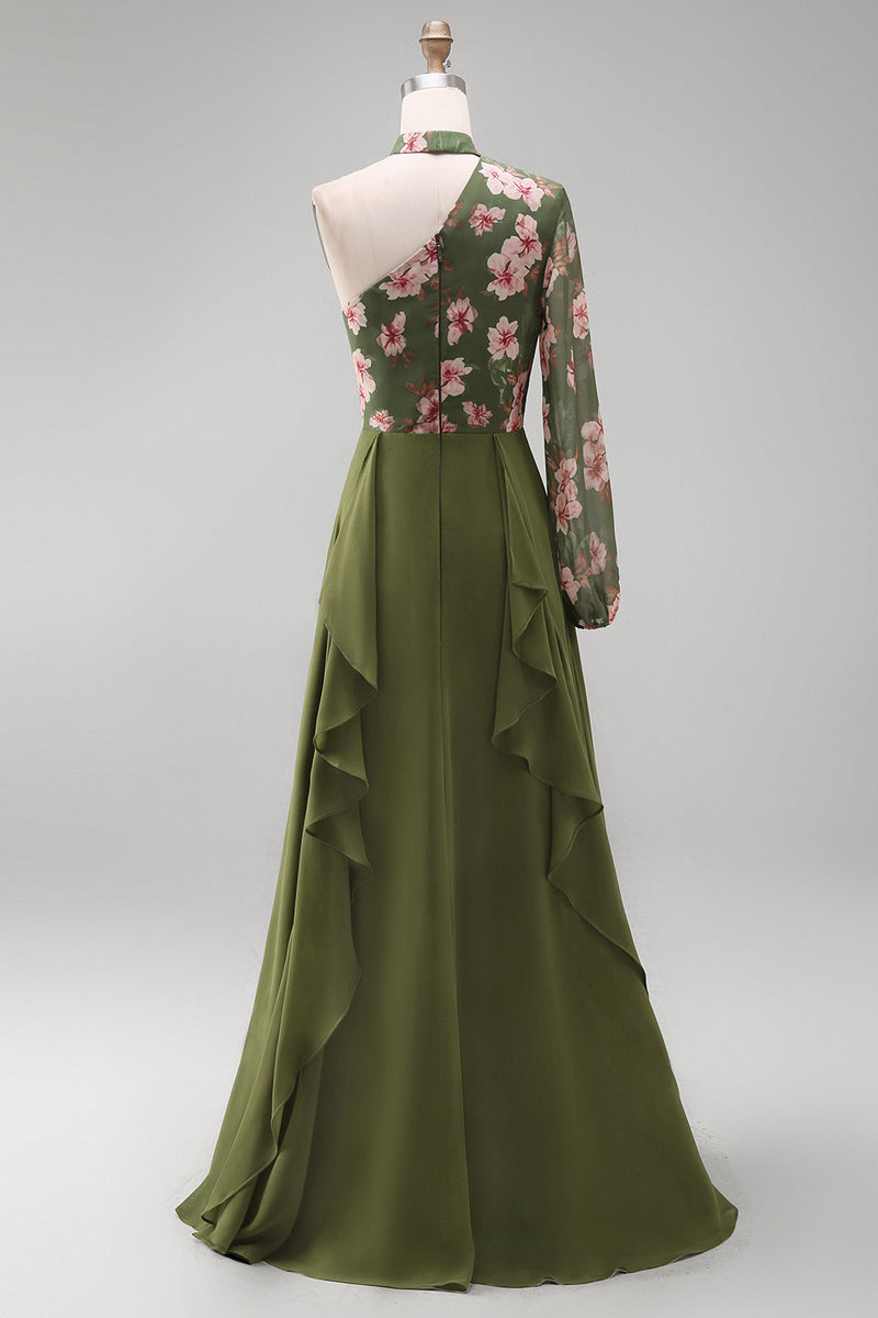Load image into Gallery viewer, Eucalyptus Floral A Line Long Sleeves Formal Dress with Ruffles