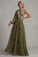 Load image into Gallery viewer, Eucalyptus Floral A Line Long Sleeves Formal Dress with Ruffles