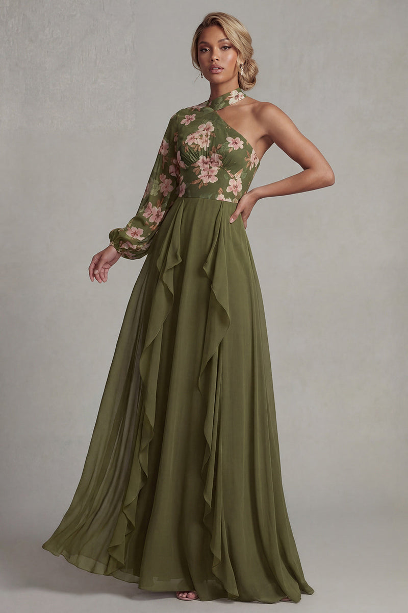 Load image into Gallery viewer, Eucalyptus Floral A Line Long Sleeves Formal Dress with Ruffles