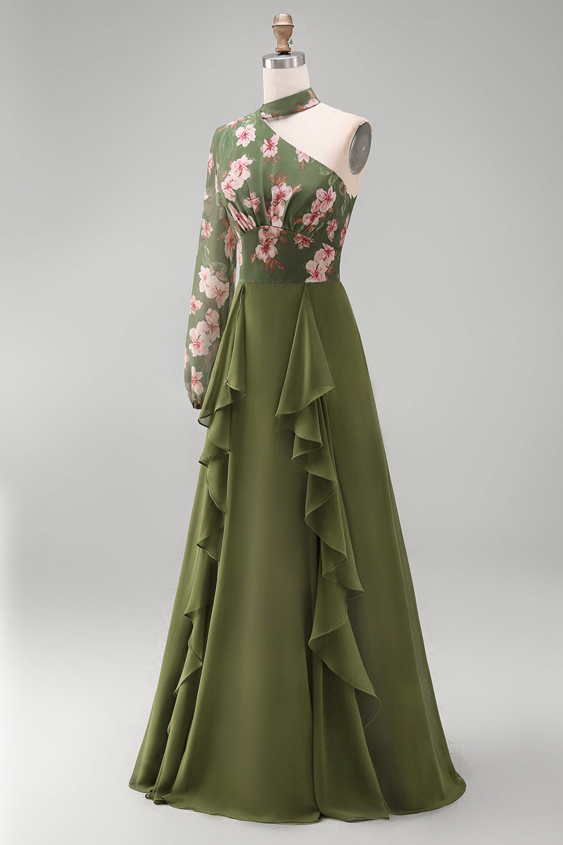 Load image into Gallery viewer, Eucalyptus Floral A Line Long Sleeves Formal Dress with Ruffles