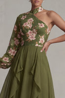 Load image into Gallery viewer, Eucalyptus Floral A Line Long Sleeves Formal Dress with Ruffles