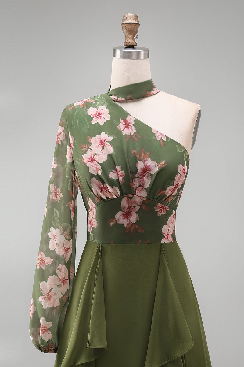 Load image into Gallery viewer, Eucalyptus Floral A Line Long Sleeves Formal Dress with Ruffles