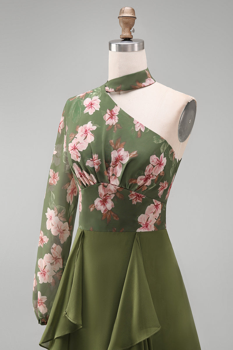 Load image into Gallery viewer, Eucalyptus Floral A Line Long Sleeves Formal Dress with Ruffles