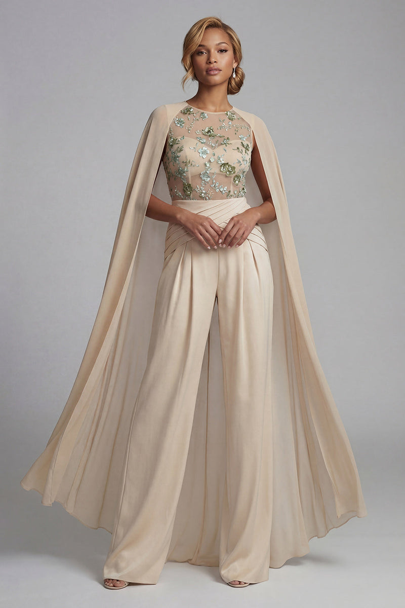 Load image into Gallery viewer, Champagne Ruched Floral Formal Jumpsuits with Cape