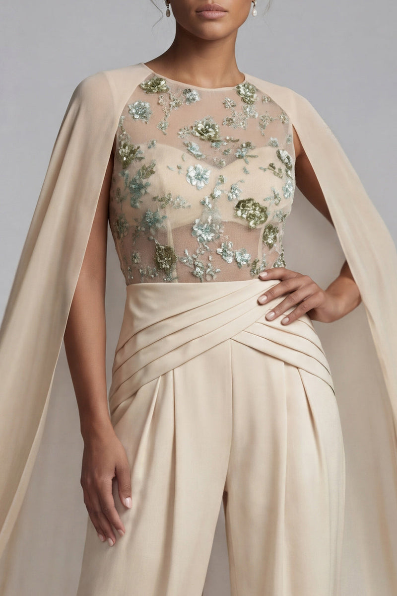 Load image into Gallery viewer, Champagne Ruched Floral Formal Jumpsuits with Cape