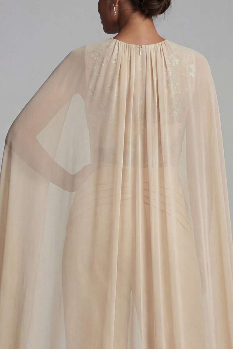 Load image into Gallery viewer, Champagne Ruched Floral Formal Jumpsuits with Cape