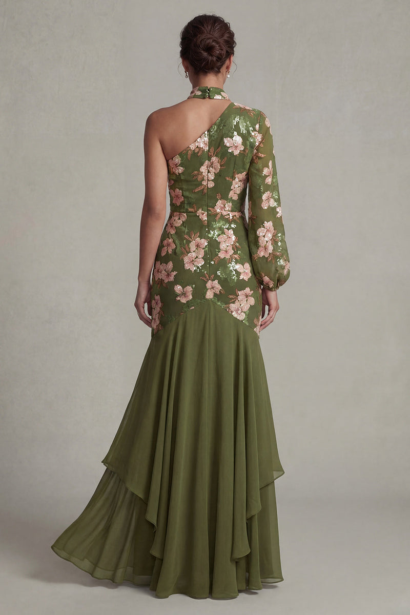 Load image into Gallery viewer, Sparkly Eucalyptus Floral Mermaid Long Formal Dress with Ruffles