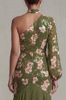 Load image into Gallery viewer, Sparkly Eucalyptus Floral Mermaid Long Formal Dress with Ruffles