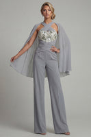 Load image into Gallery viewer, Sparkly Grey Blue Floral Halter Ruched Formal Jumpsuits with Cape