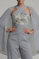 Load image into Gallery viewer, Sparkly Grey Blue Floral Halter Ruched Formal Jumpsuits with Cape