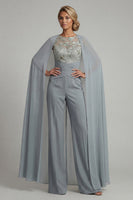 Load image into Gallery viewer, Sparkly Grey Blue Floral Boat Neck Ruched Formal Jumpsuits with Cape