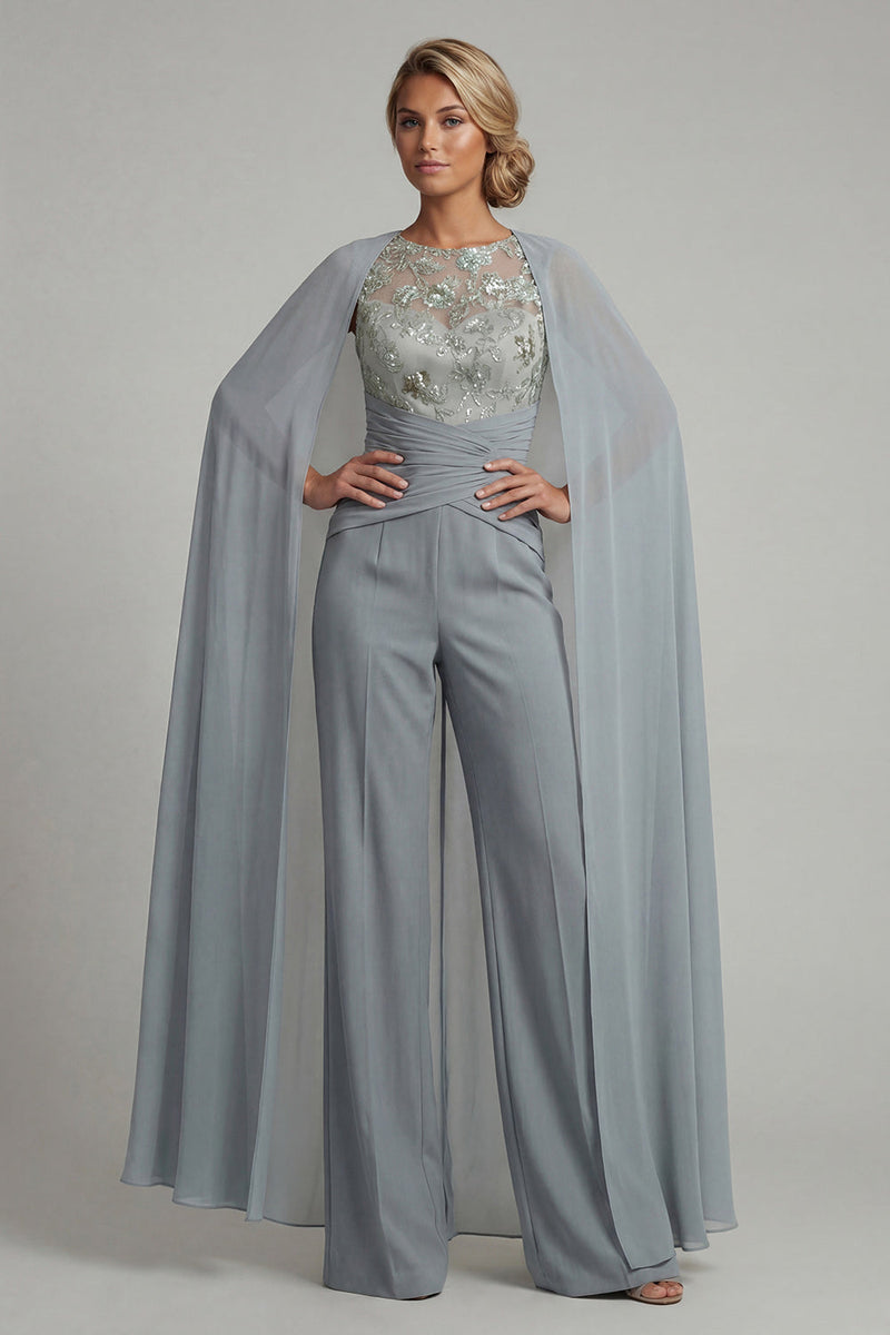 Load image into Gallery viewer, Sparkly Grey Blue Floral Boat Neck Ruched Formal Jumpsuits with Cape